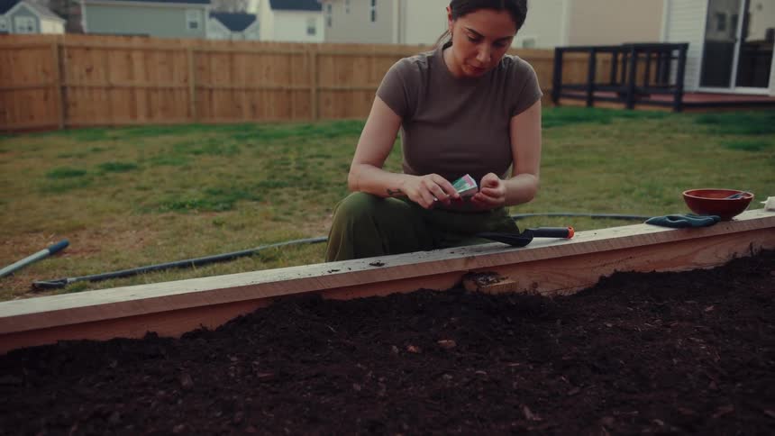 Woman planting seeds in a backyard garden