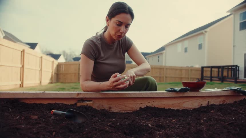 Person placing seeds into a raised soil garden bed in a fenced backyard