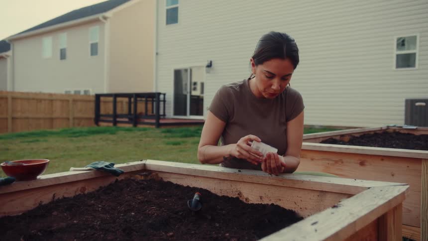 Person preparing a raised soil garden bed in a residential backyard with gardening tools