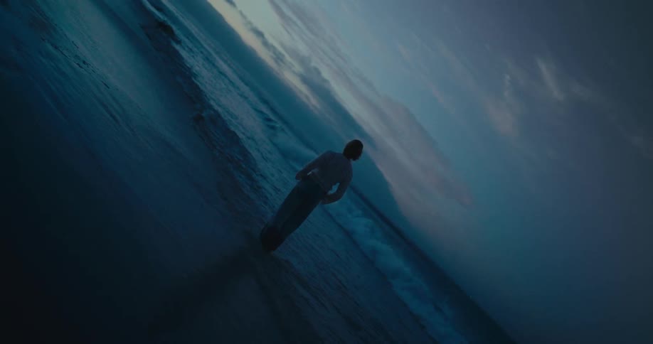 Person standing in ocean water at dusk
