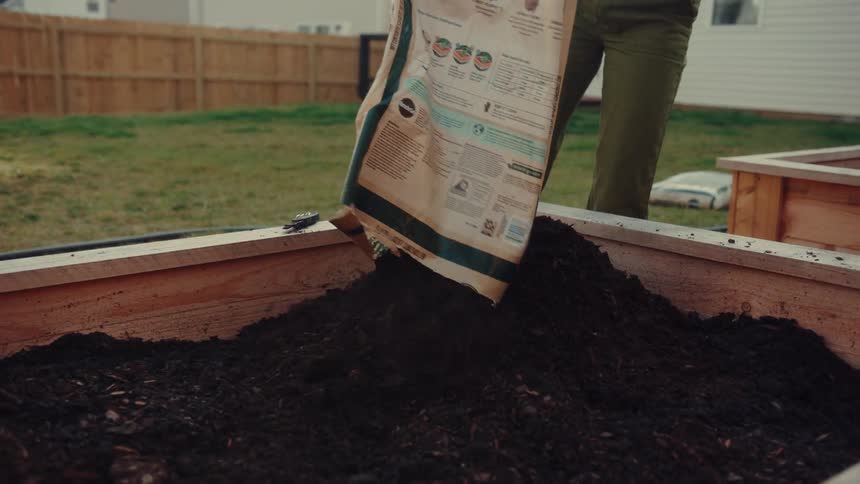 A woman pours organic potting soil from a bag into a wooden garden bed in a backyard