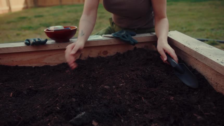 Woman digging a furrow in a raised soil garden bed with a garden trowel