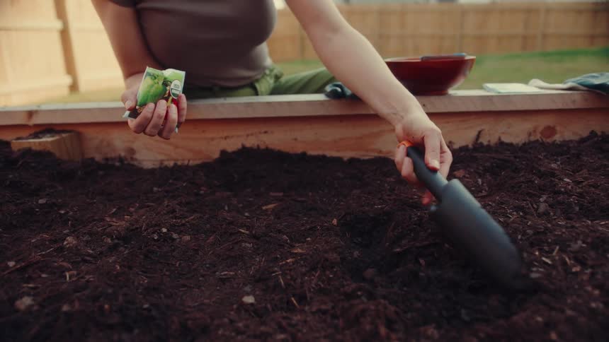 Woman planting seeds in a backyard garden