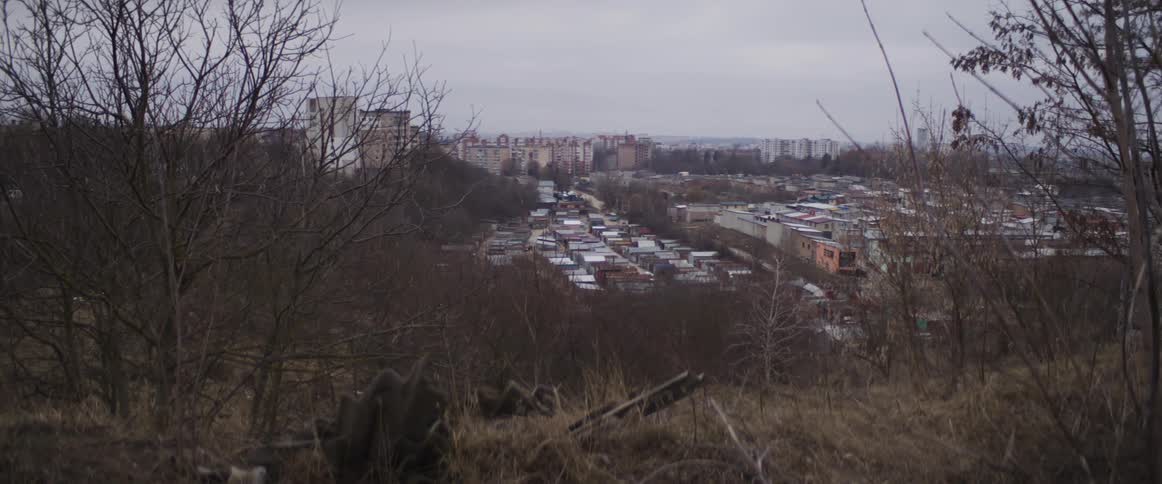 From a barren hillside framed by leafless trees a sprawling city of apartment blocks and clustered rooftops stretches beneath a dull gray sky