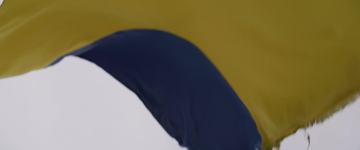 Blue and yellow flag waves in the wind against a clear sky