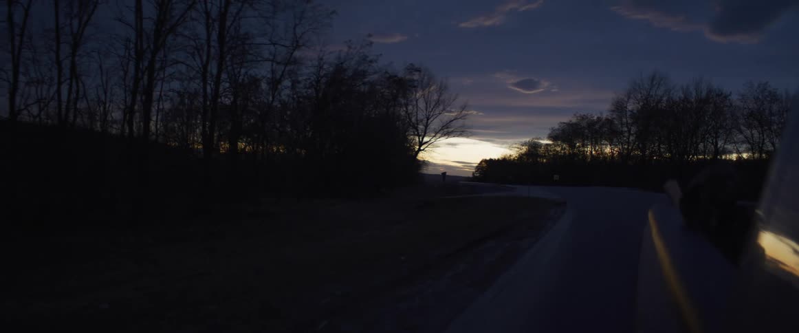 The camera travels along a winding road at dusk passing dark silhouettes of leafless trees against a deep blue sky a soft orange glow lingers on the horizon where the sun has set illuminating a few scattered clouds in the distance