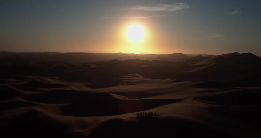 Low sun on the horizon illuminating desert dunes