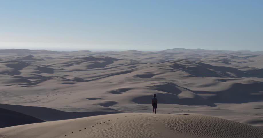 A man stands alone on the crest of a massive sand dune looking out over a vast desert landscape under a clear blue sky while a trail of footprints leads toward them from the foreground