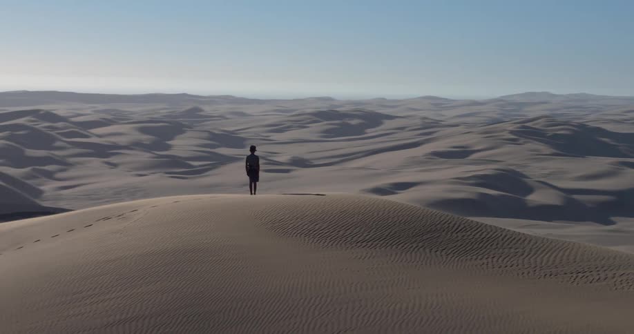 A man stands alone on the peak of a massive sand dune overlooking a vast desert landscape that stretches toward a hazy coastline where a ship is visible in the distance under a clear blue sky