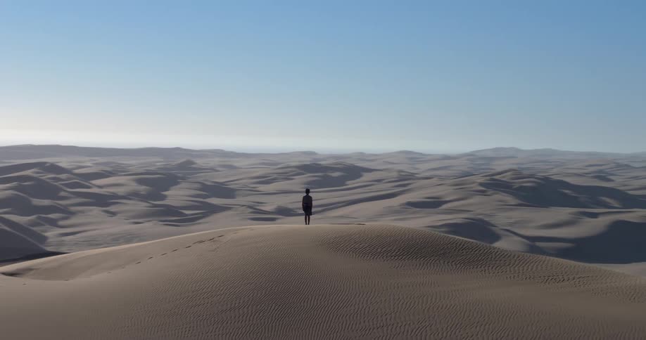 The man stands in the middle of the large desert