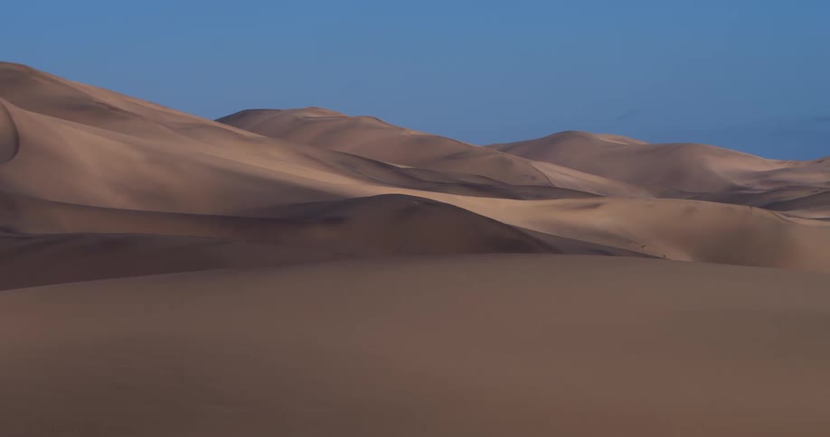 The video showcases a vast expanse of rolling sand dunes under a clear deep blue sky dramatic shadows stretch across the smooth tan slopes emphasizing the rhythmic patterns of the desert landscape