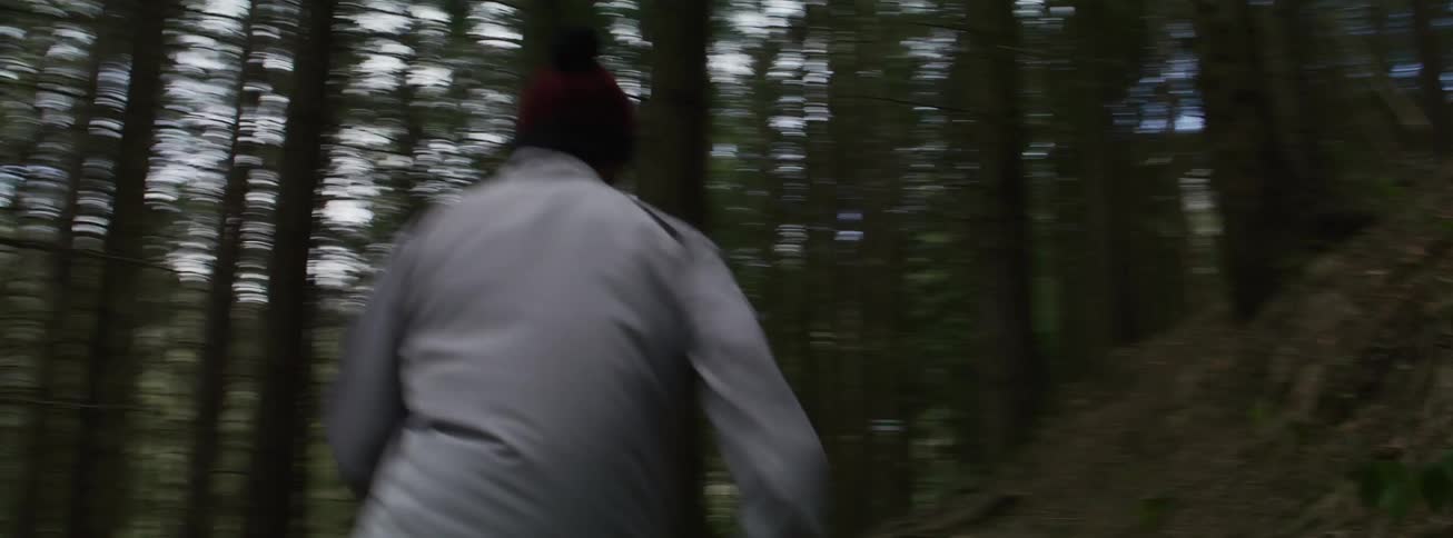 A person running through a forest surrounded by tall trees at midday