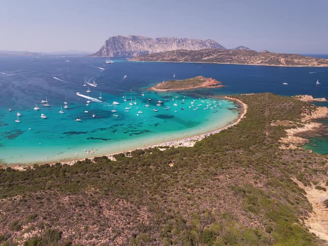 An aerial view of a coast on a sunny day