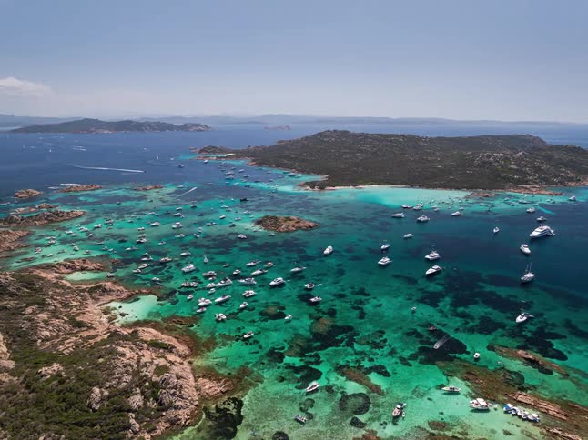 An ocean view with a series of sailboats docking and moving along the shoreline at midday