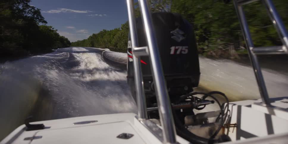 A boat riding fast on a river lined with forest trees on both sides at midday as waves form behind the boat