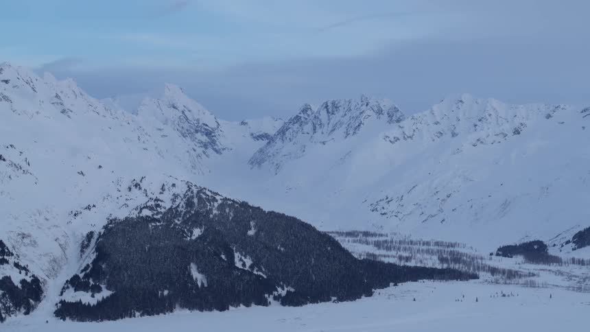 A mountain range in the arctic with pine trees during winter at midday