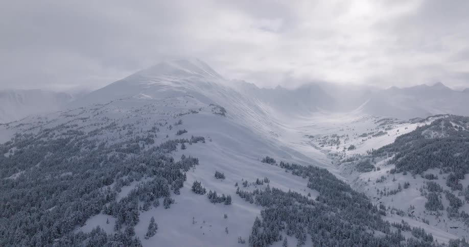 Aerial view of vast snow covered mountains and evergreen forests under a cloudy sky with soft sunlight filtering through the mist in a cold winter wilderness