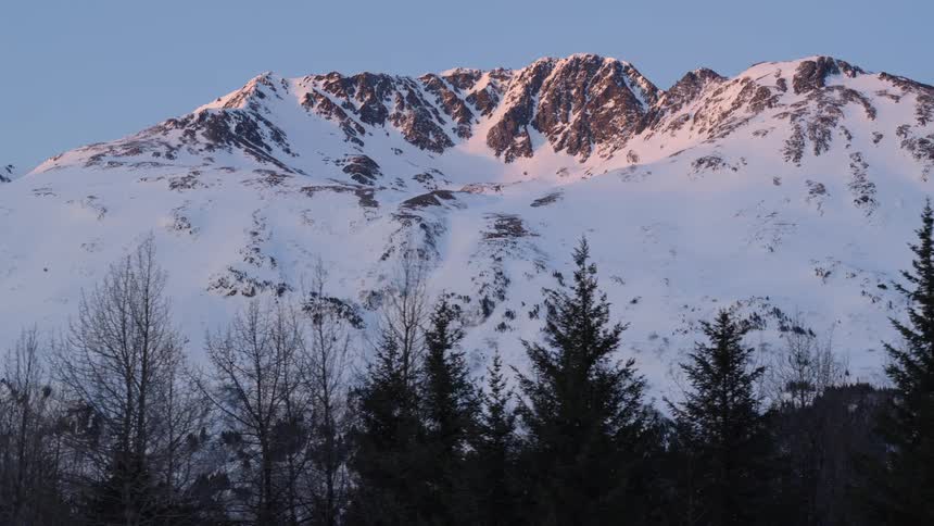 A snowcovered mountain with pine trees at its base as the sun rises