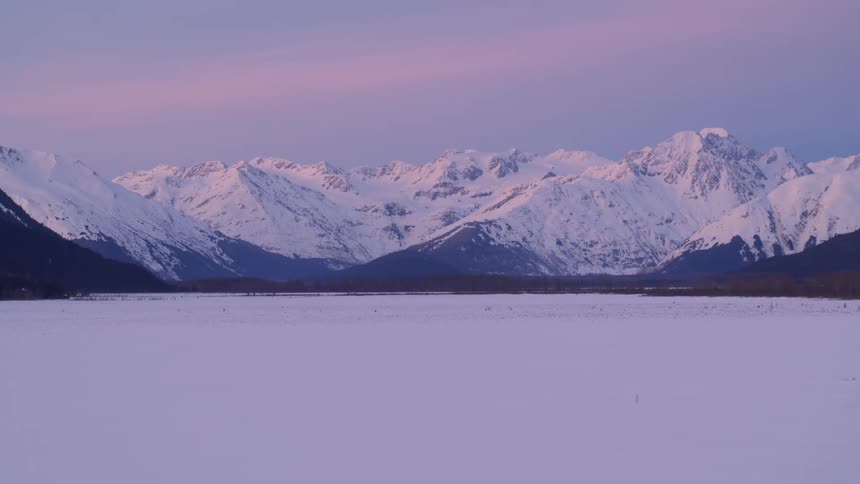 Flat snow covered terrain borders the forest at the base of a snowy mountain range in winter
