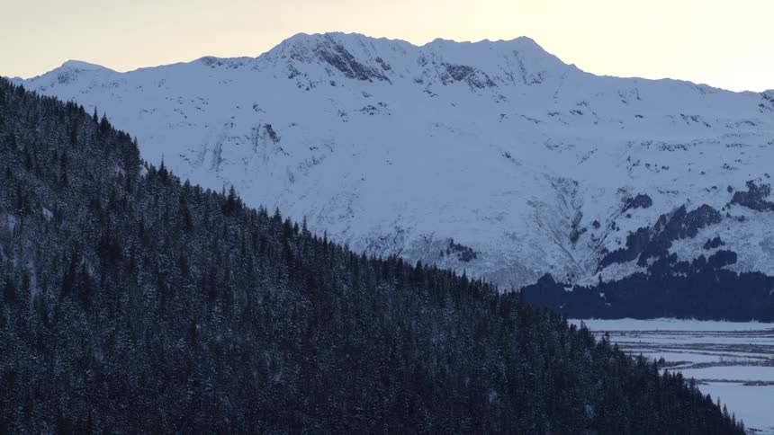 Forested mountain overlooking the valley with snow covered mountains in the distance