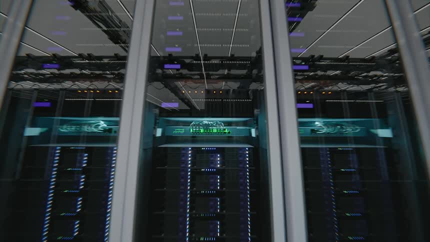 The warehouse is filled with a large data center
