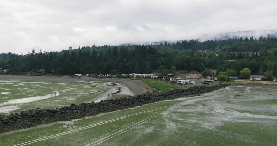 Slow aerial push-in shot over a green, mossy shoreline at low tide, revealing a coastal community with an RV park nestled against a foggy, forested mountain range