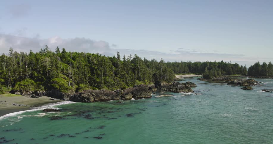 A tranquil wide shot of a rugged, forested coastline with beautiful turquoise water and a small sandy beach