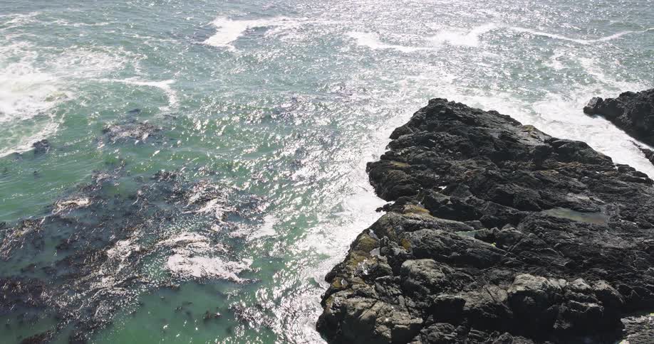 An aerial view of the sparkling Pacific Ocean as waves crash against rugged, seaweed-covered rocks