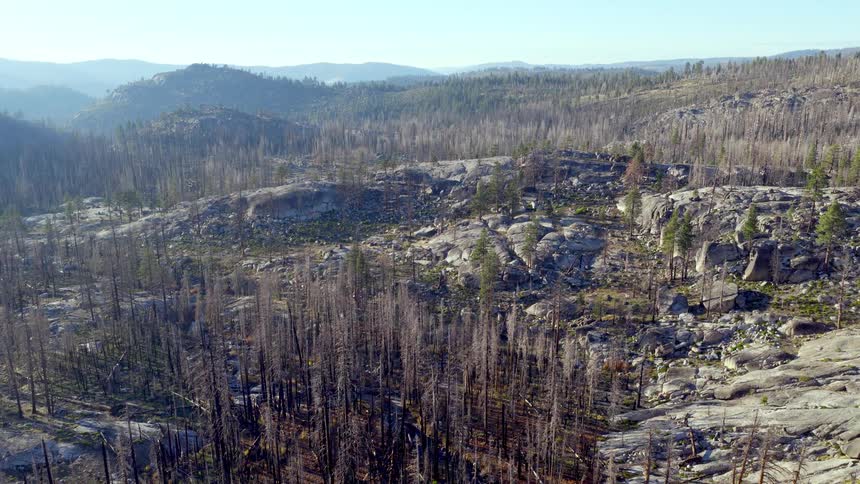 A static aerial view of the stark, rocky landscape of a mountain forest showing the aftermath of a devastating wildfire