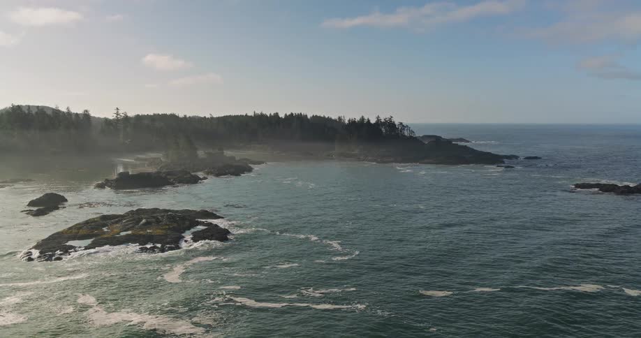 An expansive aerial shot slowly moves over the calm ocean towards a misty, rugged coastline covered in evergreen trees