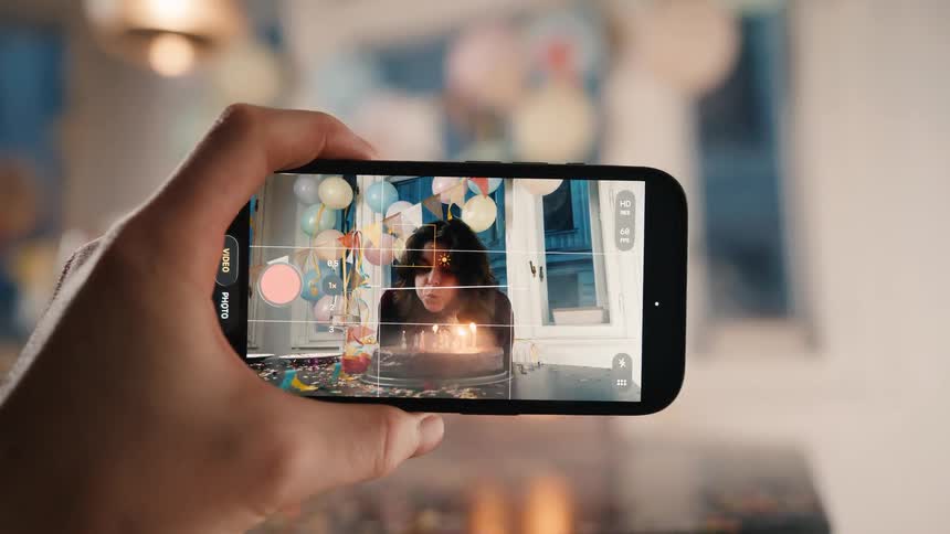 First-person view of someone recording a woman on their smartphone as she blows out candles on her birthday cake in slow motion