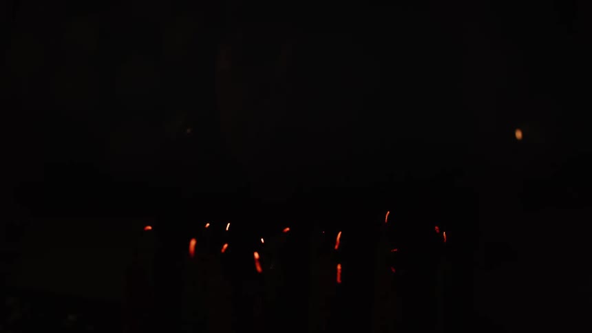 A woman's face is illuminated by colorful birthday candles before she blows them out in a dark room