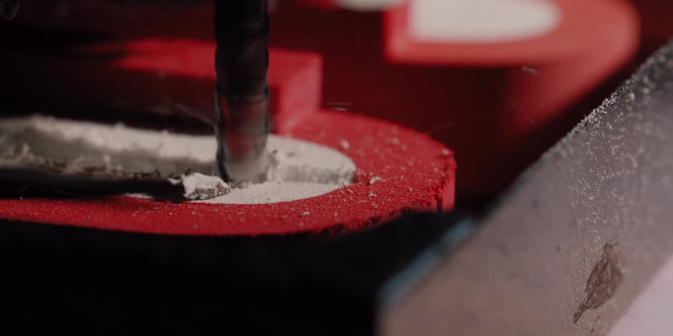 A CNC milling machine precisely carves into a red and white material in a super slow-motion macro shot