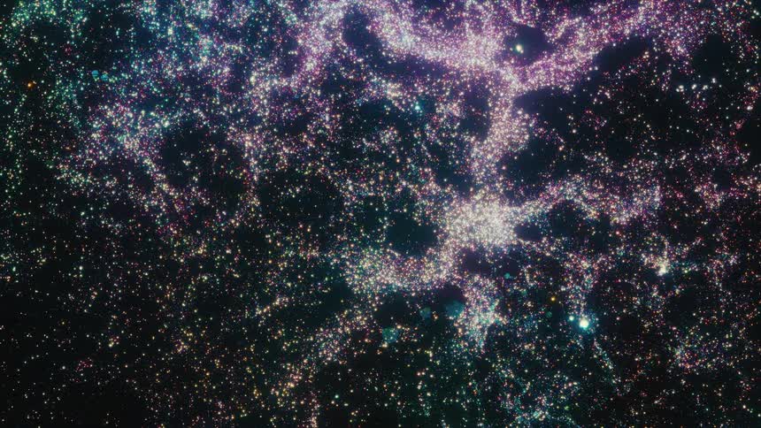 A mesmerizing animated journey through the vast, intricate cosmic web of the universe, revealing sparkling galaxy clusters and deep space voids