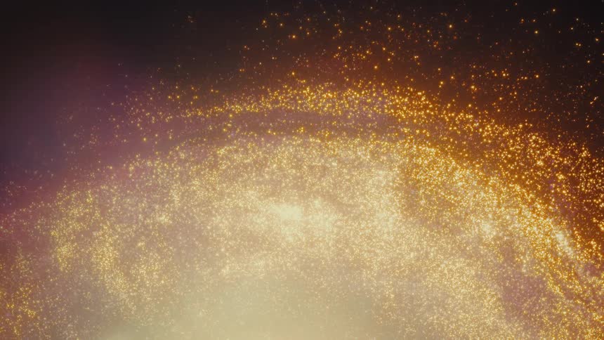 A bright, swirling vortex of golden light particles floats majestically through a dark, cosmic atmosphere