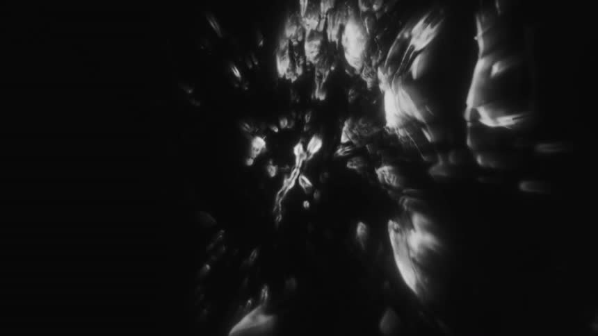 Hypnotic black and white abstract animation of organic shapes clustering in a dark void