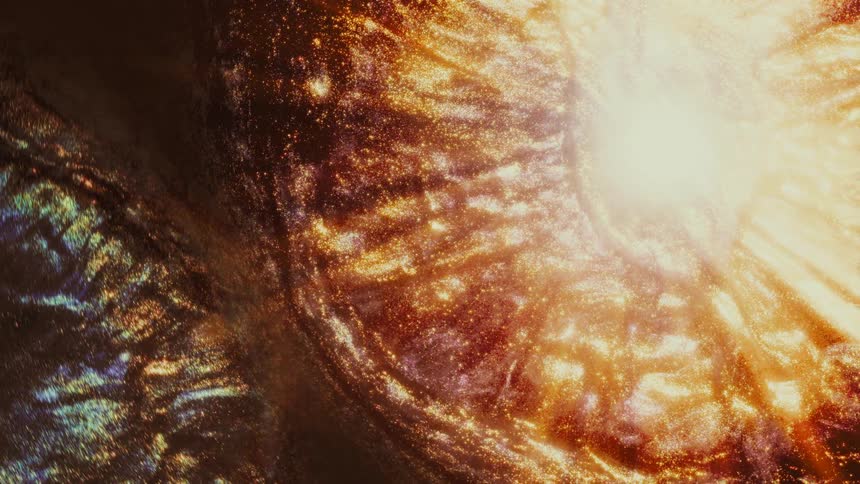 A mesmerizing vortex of shimmering gold and bronze particles swirls in a celestial display towards a bright light
