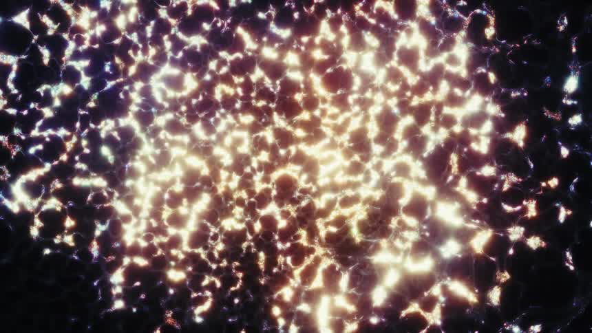 An abstract animation shows a glowing, pulsating network of light against a dark background