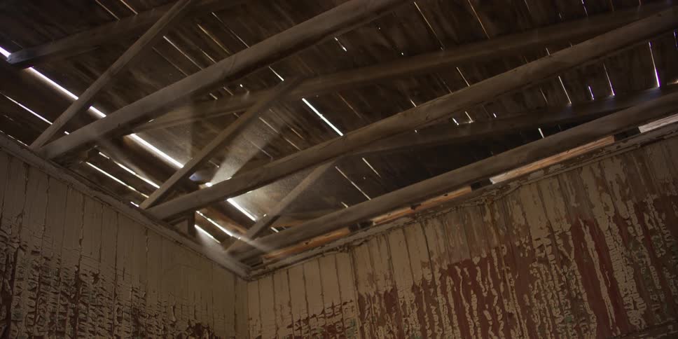Sunbeams filled with dust particles shine through the dilapidated wooden roof of an abandoned building