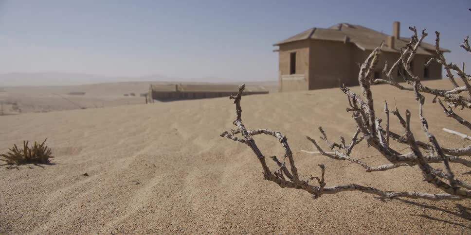 A desolate, abandoned building sits half-buried in a vast sand dune in a desert ghost town, with a dead bush in the foreground