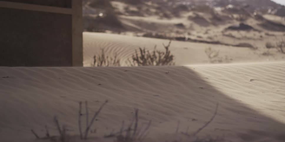 A close-up shot of sand blowing across a desert dune in the warm, soft light