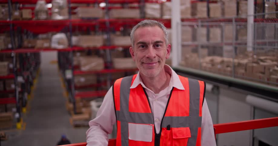 Portrait of a friendly male warehouse manager smiling confidently from an elevated walkway overlooking the factory floor
