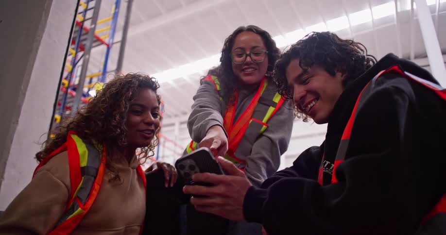 A diverse group of young warehouse workers laugh together while looking at a smartphone during a break