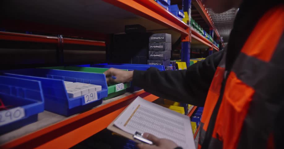 A young warehouse employee in a safety vest meticulously takes inventory, walking down aisles and checking stock against his clipboard