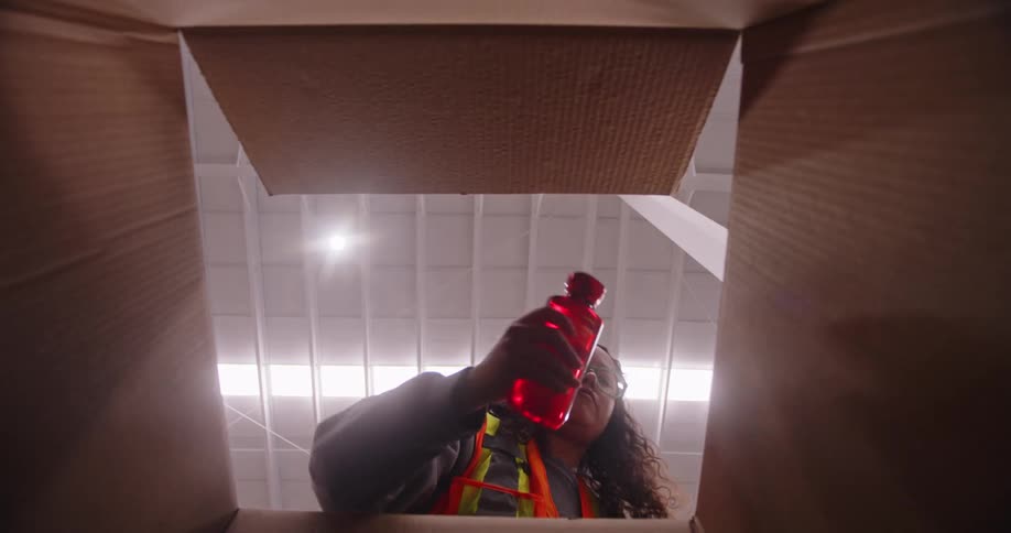 A creative point-of-view shot from inside a cardboard box as a female warehouse worker unpacks red bottles