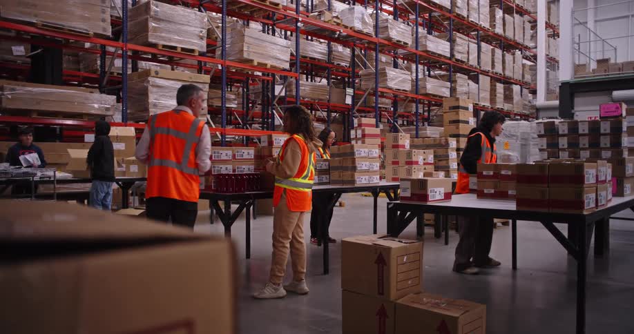 Warehouse employees work together at packing stations, sorting items into boxes while a manager oversees operations