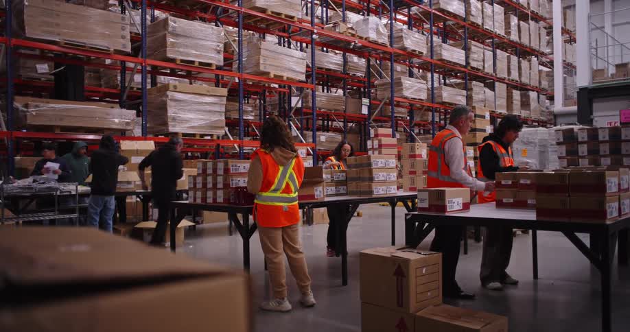 Warehouse workers in safety vests pack and organize boxes on tables with tall shelves in the background