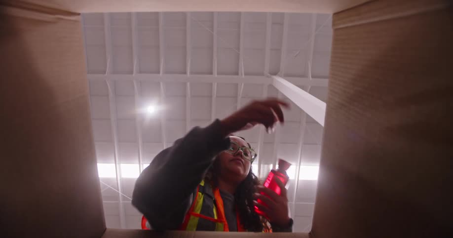 A warehouse worker packs red bottles into a cardboard box, as seen from a unique point of view from inside