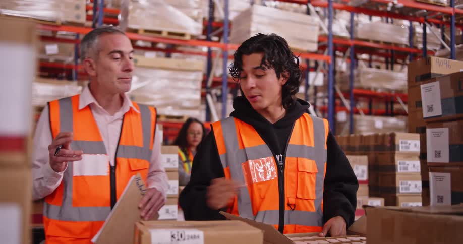 Supervisor checks on a young worker packing bottles into a box in a busy warehouse