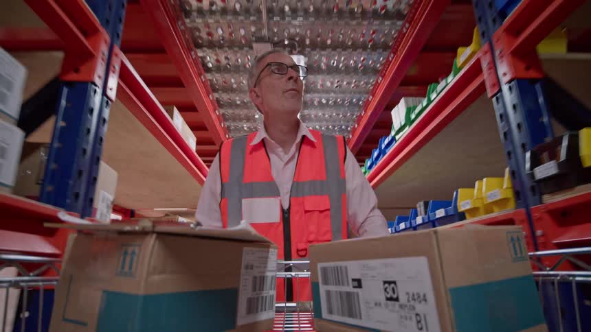 Point-of-view from a cart being pushed by a warehouse worker checking his inventory list in a large fulfillment center